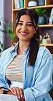 Happy, relax and face of woman in office with confidence for creative career with development. Smile, positive attitude and portrait of editor with pride for job opportunity at workplace in Brazil.