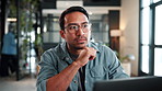 Laptop, typing and businessman in office with thinking, planning or decision on software development. Ideas, computer and web designer on programming project with online research in workplace.