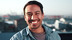 Face, laughing and designer man on rooftop in city for about us, fresh air or workplace break. Business, funny and happy employee outdoor in urban town for creative career as design professional