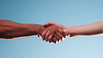 Blue sky, handshake and business people outdoor with agreement, partnership or finance contract. Space, teamwork and financial advisor shaking hands with client for investment negotiation or deal.