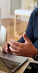 Laptop, discussion and hands of businessman in office with feedback on finance planning for investment. Meeting, computer and financial manager with client for revenue growth on report in workplace.