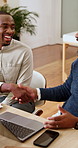 Business, people and smile in meeting with handshake, welcome and hiring for partnership b2b. Team, laptop and shaking hands in office for introduction, recruitment and agreement for onboarding deal
