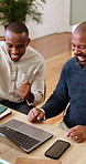Fist pump, laptop and business men in office with good news, approval or investment revenue. Happy, computer and team of financial advisors with celebration for positive feedback on finance report.