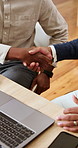 Business, people and meeting in office with handshake, welcome and hiring for partnership b2b. Team, laptop and shaking hands in workplace for introduction, recruitment and agreement for onboarding 