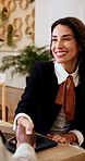 Business, woman and meeting in office with handshake, welcome and hiring for partnership b2b. People, laptop and shaking hands in workplace for introduction, recruitment and agreement for onboarding 