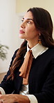 Thoughtful, happy and business woman for real estate, planning and idea for property listing. Smile, office and person with inspiration, reflection and thinking for resale strategy at realtor agency
