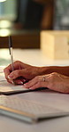 Writing, hands and woman with notebook in office for reminder, planning and schedule for project. Night, creative and person with to do list for tasks, productivity and agenda for business proposal