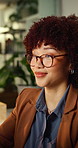 Night, glasses and business woman in office for thinking, reading and ideas for new story. Publishing, happy and person with reflection, inspiration and planning for article at creative agency