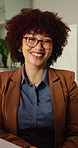 Finance, smile and face of happy woman in office for financial solution, profit or career opportunity. Portrait, confident or proud accountant ready for policy update, company payroll or bookkeeping