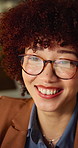Online, info and happy woman with glasses in office, data analysis and financial update on computer. Laughing, treasury manager and person with eyewear, graphs and risk assessment with technology