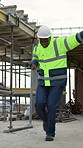 Black man, engineer and dance at site for construction, success and celebration for architecture. Smile, male person or movement with energy for safety approval, compliance achievement and renovation