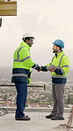 Architect, handshake and team with tablet on building site, talk and property management on website. Civil engineer, success and happy people with tech for building update, shaking hands or agreement