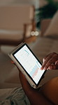 Statistics, hands or night with tablet screen in home for analytics or performance review. Late, male person or scrolling with technology, graph or chart for app, progress or data management in house