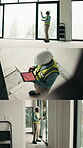 Tablet, contractor and inspection with black man in home for engineer, safety regulations or renovation. Architect, online blueprint and review with mature person for building supervisor and collage