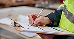 Man, hands and writing with clipboard for logistics, inventory management and plan for distribution. Person, checklist notes and paperwork in workplace for supply chain, dispatch and shipping info.