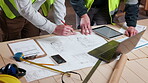 Blueprint, architecture and meeting with hands of people for site plan scale, review or property development. Team, renovation project and engineer design with contractor for expansion and building