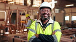 Carpenter, laughing and face with man in warehouse for furniture, manufacturing and artisan. Woodworking, production and joinery factory with mature person in workshop for arms crossed and about us