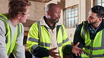 Carpentry, team and meeting in workshop with manager, design discussion and woodwork manufacturing. People, talk and collaboration in factory with carpenter advice, furniture production and project.