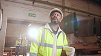 Contractor, blueprint and walking with man in warehouse for furniture, manufacturing and artisan. Woodworking, production and joinery factory with mature person in workshop for designer and storage