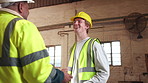 Conversation, laughing and meeting with men in carpentry warehouse for report or update. Discussion, funny and partnership with happy people in woodworking plant for management of furniture business