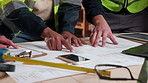 People, hands and meeting with blueprint for construction planning, building design or discussion. Group, contractor or architect team pointing with floor layout for architecture or development