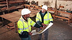 Blueprint, architecture and project with people in workshop for site plan scale, review or property development. Meeting, renovation team and engineer design with men for expansion, above or building