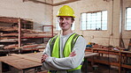 Contractor, arms crossed and face with man in warehouse for furniture, manufacturing and artisan. Woodworking, production and joinery factory with person in workshop for carpenter and about us