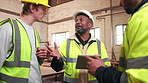 Team, conversation and men with tablet in woodwork warehouse for building or planning. Manufacturing draft, factory meeting and people with tech for workshop, safety and compliance or maintenance