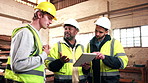 Team, conversation and men with tablet in carpentry warehouse for building or planning. Manufacturing draft, factory meeting and people with tech for workshop, safety and compliance or maintenance