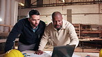 Carpentry, collaboration and laptop with men in warehouse together for management or planning. Computer, discussion and teamwork with people in woodworking plant for agenda, schedule or timetable