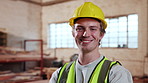 Carpentry, face or man in warehouse with ppe, tradesman or ambition in manufacturing industry. Happy, helmet or artisan in factory with confidence, craftsman or about us in woodworking profession.