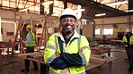 Carpentry, face or man in warehouse with arms crossed, tradesman or ambition in manufacturing industry. Smile, ppe or mature artisan with confidence, craftsman or about us in woodworking profession.