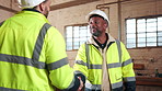 Meeting, handshake and men with welcome in woodwork warehouse for building or planning. Manufacturing, factory team and people with shaking hands for workshop, safety and compliance or maintenance