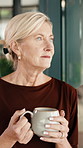 Thinking, window and woman with coffee in home, remember memory and nostalgia on break with peace. Thoughts, drink and mature person in apartment with vision, perspective or view with reflection