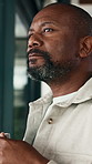 Thinking, window and black man drinking with coffee for memory, nostalgia or past moment in home. Thoughtful, male person or beverage with reflection or idea for ambition, morning or vision in house