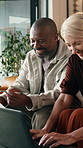 Laptop, funny and interracial couple with home budget, mortgage planning or typing for finance. Savings, mature man and woman at house with computer for asset growth, investment document and laughing