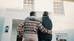 Back, old couple and hug at new house for viewing, property purchase and support for relocation. Below, senior people and moving with embrace, home selection and real estate investment for retirement
