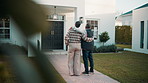 Back, old couple and new house outdoor for viewing, property purchase and relocation. Senior people, inspection or hug for residence security, home selection and real estate investment for retirement