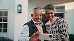 Elderly, selfie and happy couple with home for picture, social media or capture moment together. Senior, man and woman with smile for photography, network or post in retirement house or property