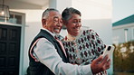 Senior, selfie and happy couple with hug in home for picture, social media or capture moment. Elderly, man and woman with smile for photography app, network or post in retirement house or property