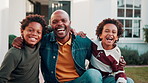 Dad, children and face with hug in home for bonding, laughing or weekend time together. Black family, happy father or kids with smile, love or embrace for care, childhood or holiday outside house