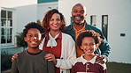 Real estate, face or happy kids with parents in front yard for home purchase, mortgage or security. New house, african people or laughing outdoor for property pride, fresh start or family investment