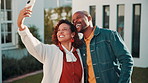 Selfie, hug and happy couple with home for picture, social media or capture moment together. Man, woman or relationship with smile for photography, network or post in house, backyard or property