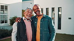 Face, old father and son outdoor at new house, property purchase and bonding for relocation. Portrait, family and laughing with embrace, home selection and real estate investment for ownership
