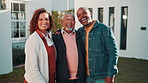 Face, old parent and people outdoor at new house, property purchase and bonding for relocation. Portrait, family and laughing with embrace, home selection and real estate investment for ownership