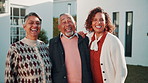 Face, old parents and daughter outdoor at new house, property purchase and relocation. Portrait, people or laugh at front yard for family security, home lease and real estate investment for ownership