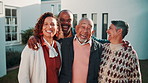 Face, old parents and people outdoor at new house, property purchase and relocation. Portrait, family and laugh at front yard for future security, home lease and real estate investment for ownership