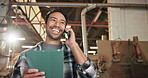 Phone call, man and carpenter with tablet in workshop with confirmation on timber order for production. Digital technology, cellphone and woodworker on mobile discussion for supplier feedback.