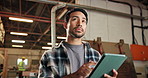 Man, thinking and carpenter with tablet in workshop for research with online order confirmation. Digital technology, planning and woodworker with ideas for timber manufacturing process in warehouse.