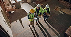 Team, above and walk in wood factory with conversation, blueprint and clipboard with tablet for carpentry project. Men, lumber yard and manufacturing with online floor plan for carpenter partnership